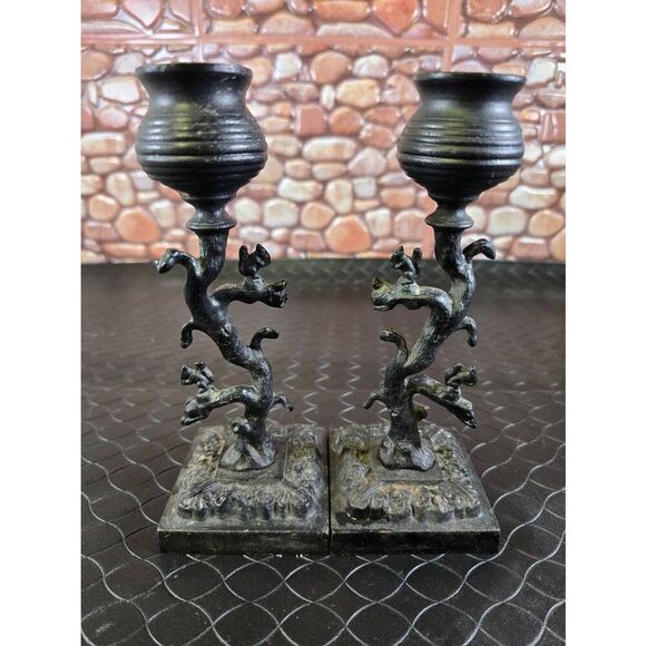 Two Ornate Squirrels on a Tree Black Cast Iron Candle Holder 8in Tall - Picture 4 of 12
